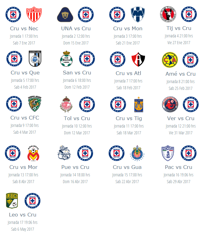 Calendario de Cruz Azul Clausura 2017 futbol mexicano